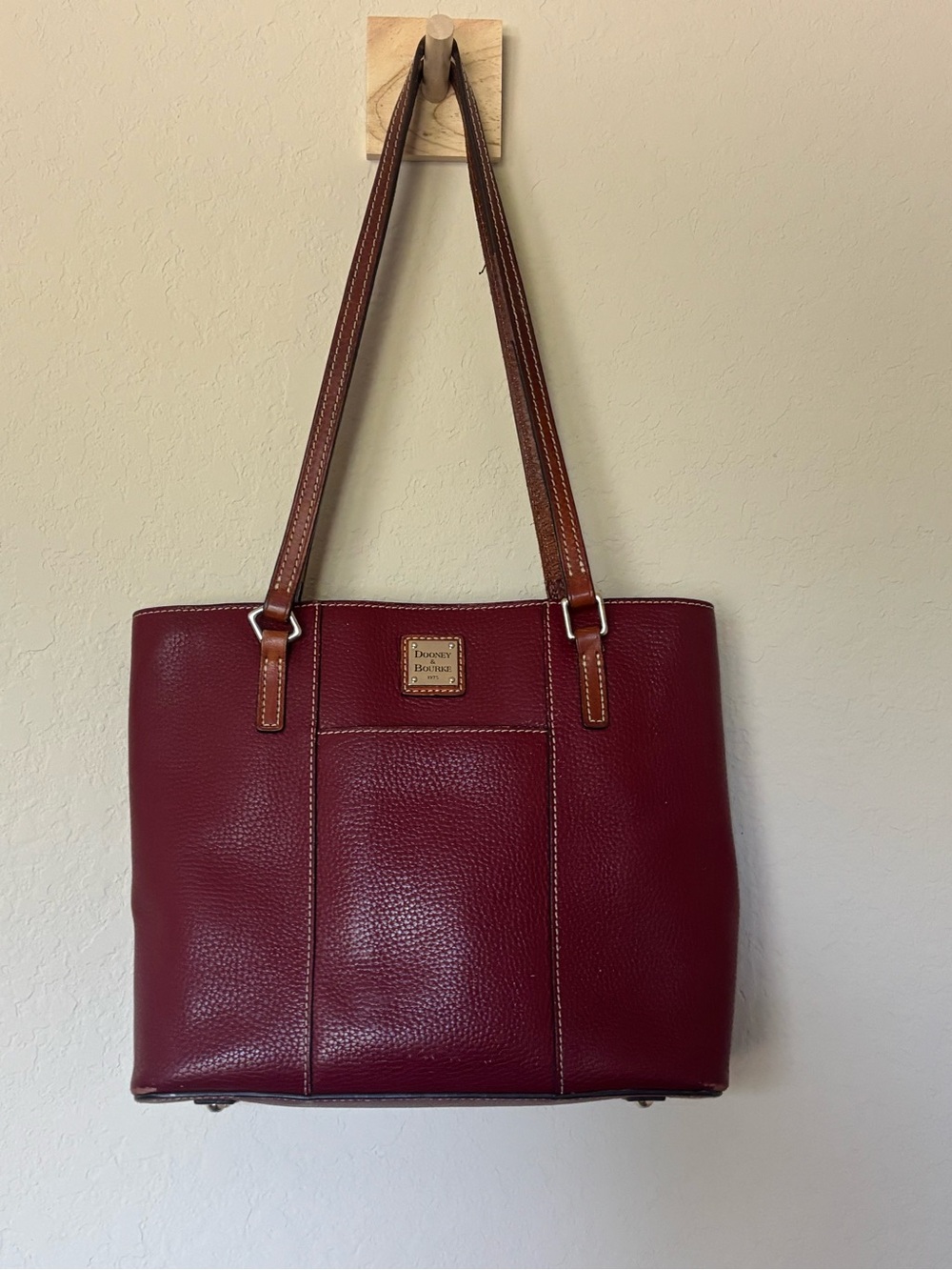 Dooney & Bourke Burgundy Pebbled Leather Tote with Brown Straps